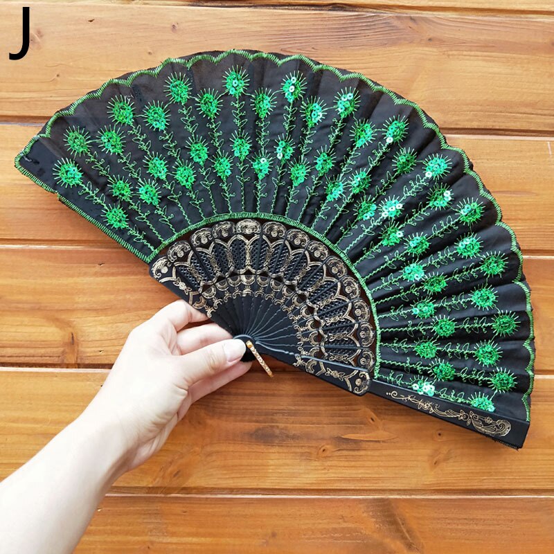 Art Fan Folding Tail Feather Plastic Bone Sequins Carved Hand Fan Summer Accessory Crafts Print Home Decor Embroidery: J