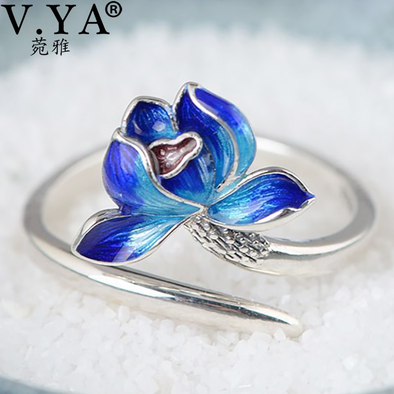 V.YA 925 Sterling Silver Lotus Anelli Aperti per le Donne Smaltatura Anello di Barretta Del Fiore di Modo Del Partito Dei Monili di Stile