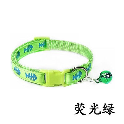 Collar ajustable con estampado de espina de pescado para mascotas, Collar de nailon para cachorros, gatitos y gatos con campanas, 19-32cm, 1,0 cm,: green