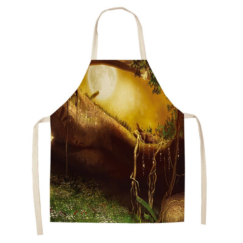 Delantal de cocina de bosque para hombre y mujer, delantales de lino y algodón sin mangas con estampado de árbol de fantasía, Herramientas de limpieza para el hogar: 9 / 66x47cm