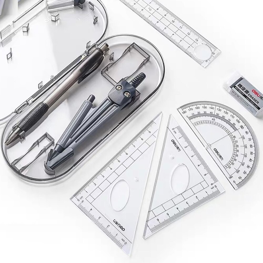 8 pcs/set Math Learning Tools Protractor Drawing Triangle Eraser Compasses Set Math Eraser Ruler Stationery With Storage Box