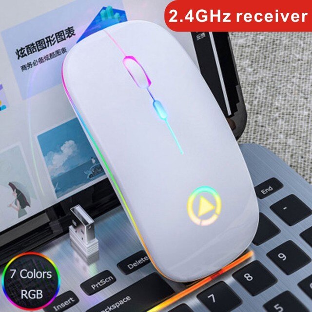 Wireless Mouse RGB Rechargeable Mouse Wireless Computer Mute Mouse LED Backlit Gaming Office Mouse Laptop Accessories: Wireless White