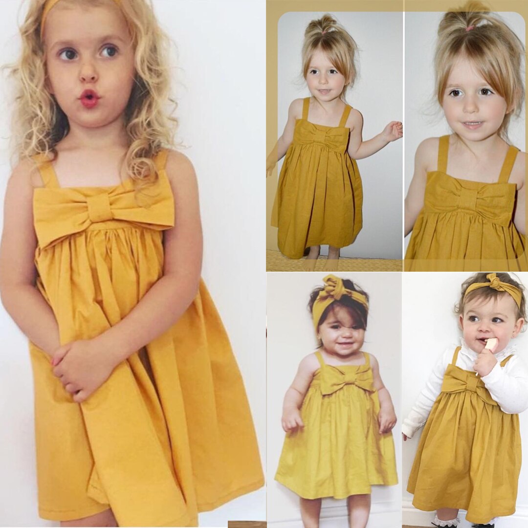 Søde babypiger sommer sundress bowknot kort mini vest kjole toddler børn bomuld afslappet kjoler ærmeløs tøj rød & gul: Gul / 3t