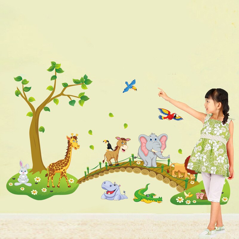 3D Cartoon Muurstickers Jungle Wild Dier Boom Brug Leeuw Giraffe Olifant Vogels Bloemen Voor Kinderkamer Woonkamer Thuis decor