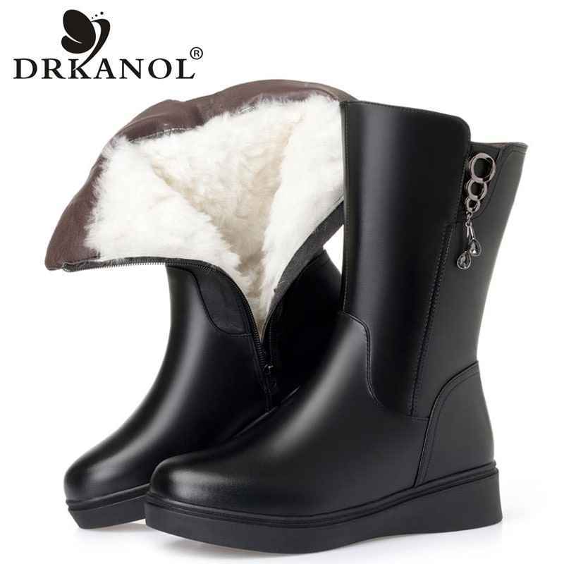 Drkanol isot kokoa 35-43 naisten lumikengät talvisaappaat paksut villaiset lämpimät puolivälissä säärellä varustetut pehmeät nahkaiset matalat kiilakorkoiset puuvillakengät