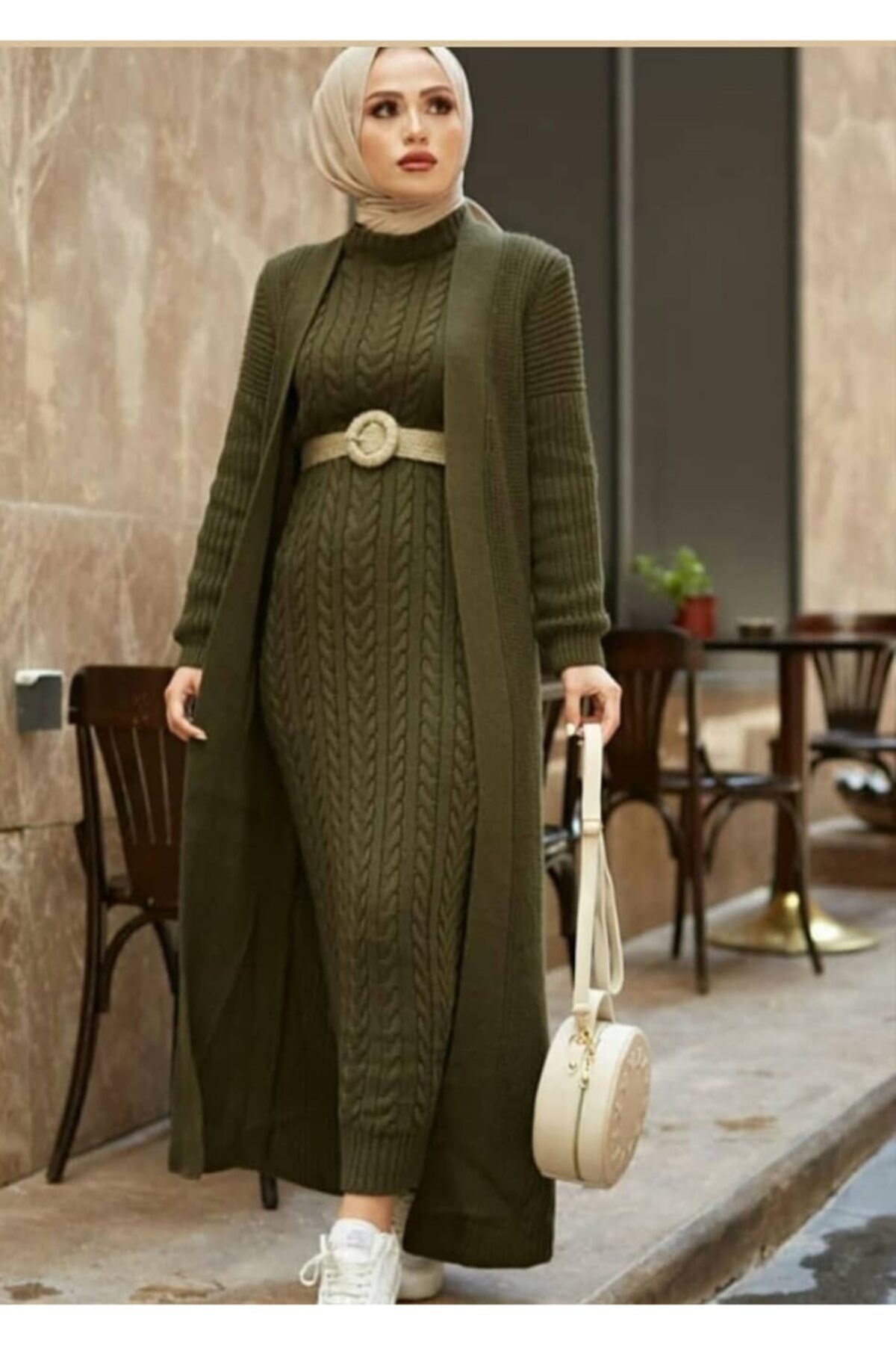 Gabardina larga tipo Cárdigan para mujer, ropa árabe de Muslilm, vestido largo, de Dubái en inglés, 2 uds.: YESİL