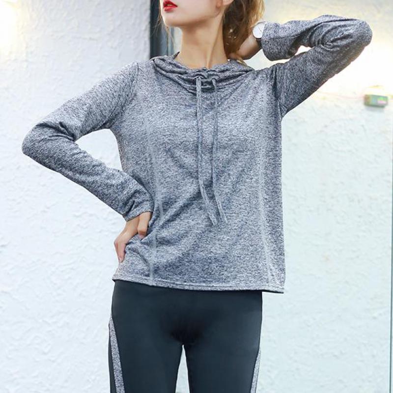 Dame langærmet sportstrøje slim fit ensfarvet løbesweatshirt hættetrøje løs fitness yoga t-shirts sportstøj til kvinder gym