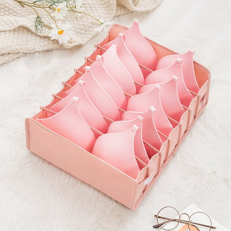 Cotton and linen Collapsible Closet Cabinet Organizer Underwear Storage Grids Foldable Drawer Organizer Interior For Socks Short: Pink 7gridL