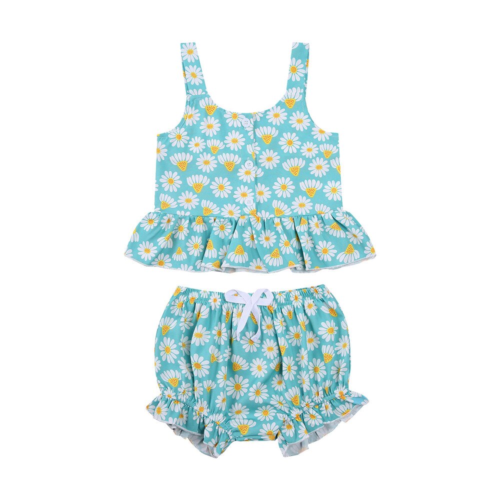 Baby Camisole + Shorts, Ruffle Decoration with Small Daisy Print Elastic Waist Summer Clothing 6M-4T: Lake Green / 12M