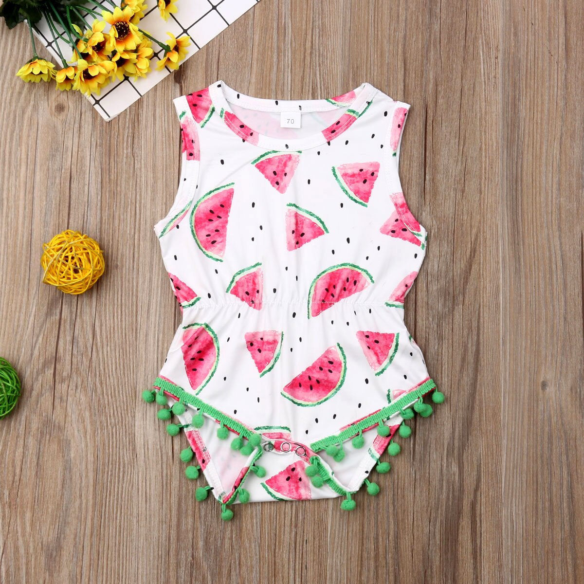 Baby Summer Clothing Newborn Kids Baby Girl Watermelon Romper Sleeveless Tassel Balls Sunsuit Casual Playsuits Outfits 0-24M