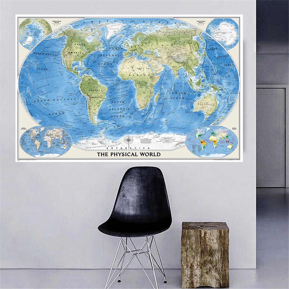 225*150 cm verdenskortet med verdens tektonik og klima stor plakat non-woven lærred maleri hjem dekoration skoleartikler