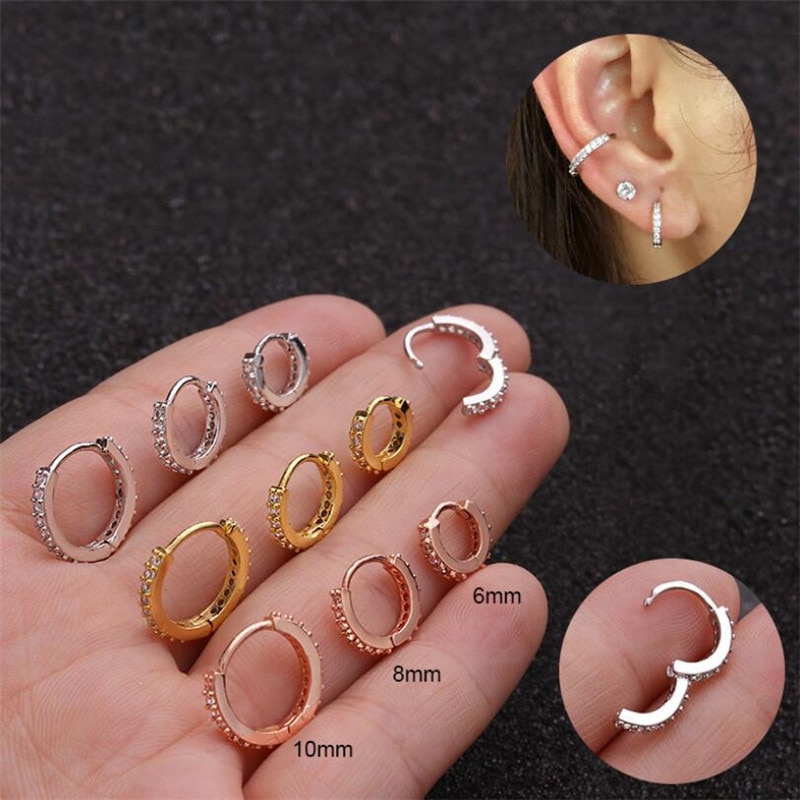 6 8 10mm 1pc mix color Stainless Steel Barbell round Cz Hoop Cartilage Helix Daith Rook Lobe Earring Circle Ear Piercing Jewelry