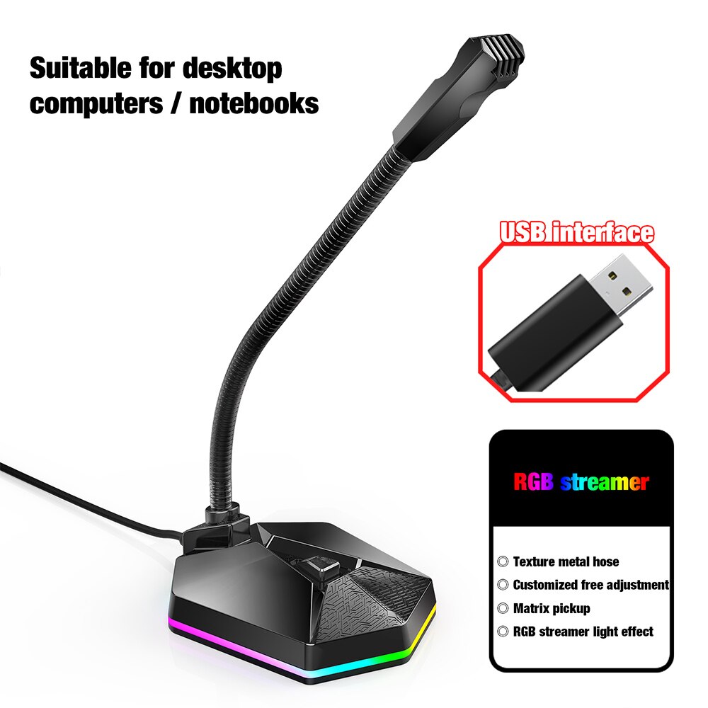 USB Computer Microphone Plug &Play Desktop Omnidirectional Condenser RGB Breathing Light USB Microphone for Computer Laptop PC