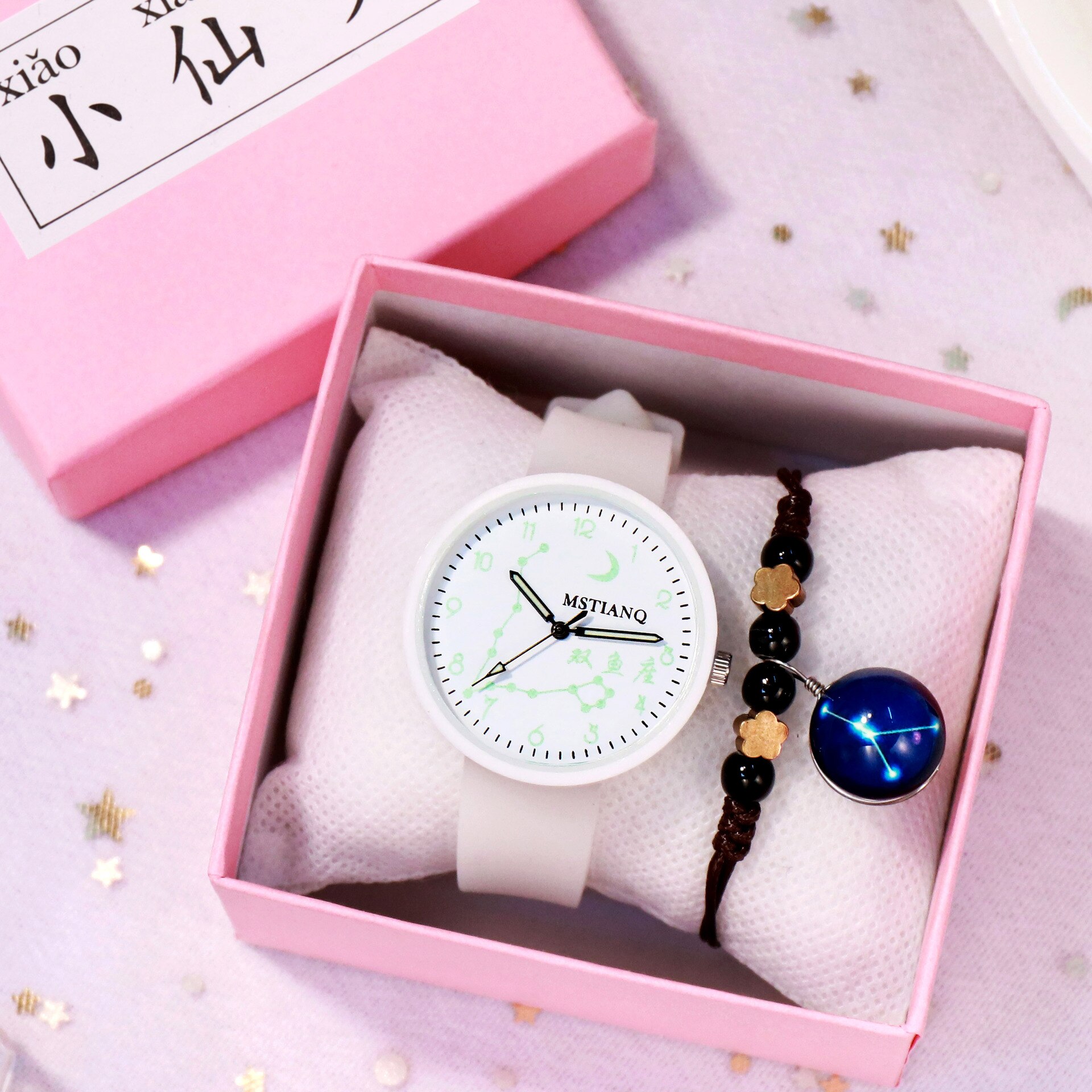 12 sterrenbeelden lichtgevende dameshorloges 1 set armband polshorloges siliconen band quartz horloges relogio feminino: Vissen geen doos