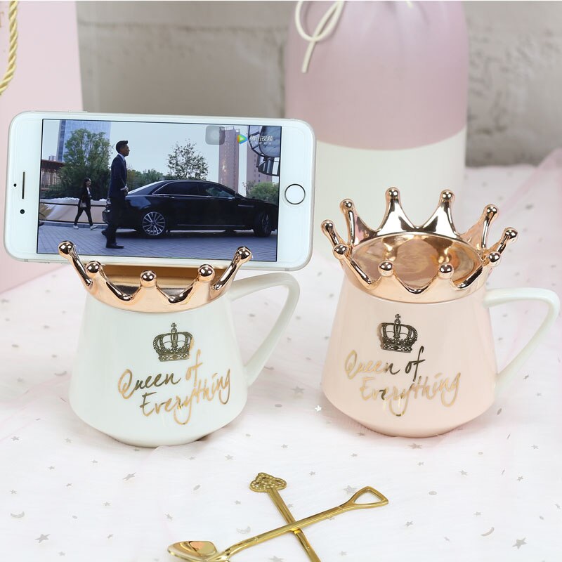 Criativo coroa cerâmica caneca rosa bonito caneca de café nórdico copo de leite com colher tampas café xícara de chá canecas de água lembranças do feriado presente