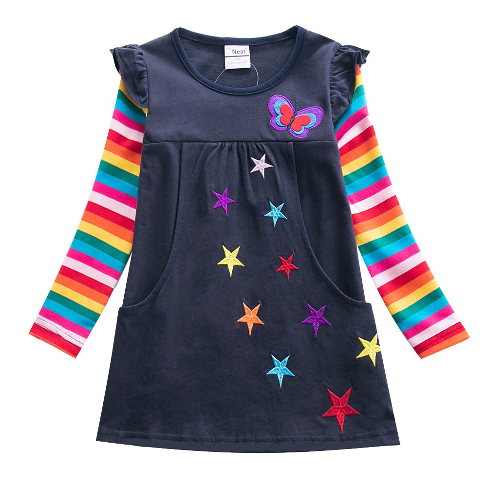 Robe brodée à manches longues pour filles, Style d'automne, deux poches, arc-en-ciel, manches rayées, en coton, LH5809: LH5809 navy / 7-8Y