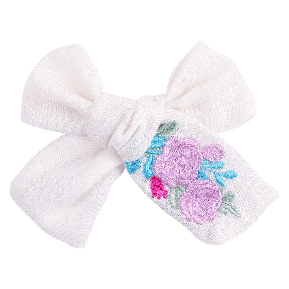 Flower Embroidery Bows Hair Clips For Kids Girls Boutique Handmade Hairpins Barrettes Headwear Hair Accessories: small white