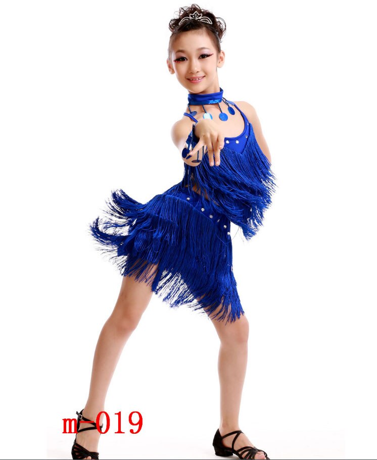 Children Sequined Latin Dance Dress Girl Salsa Stage wear Tassels Dancing Costume Kids Skating Dance Dress Gymnastics Costumes: Blue / 130