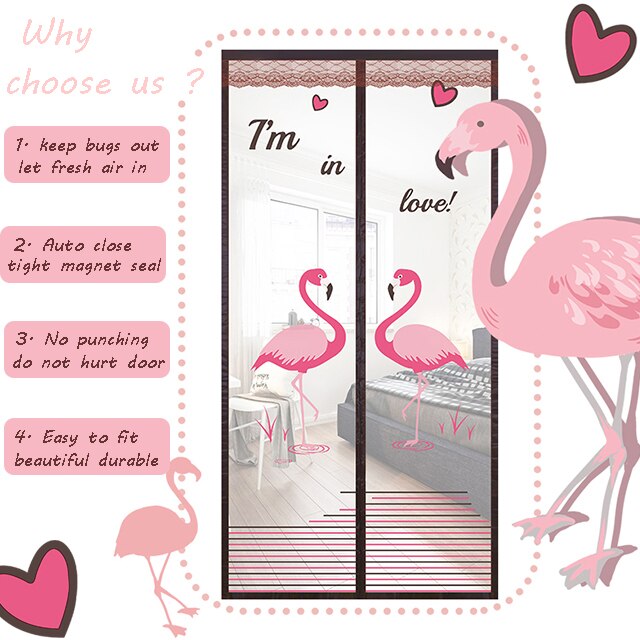 Flamingo Magnetic Bug Screen Door Mesh Fly Mosquito Protection Net Summer Anti-mosquito Plastic Door Curtain Velcro Installation