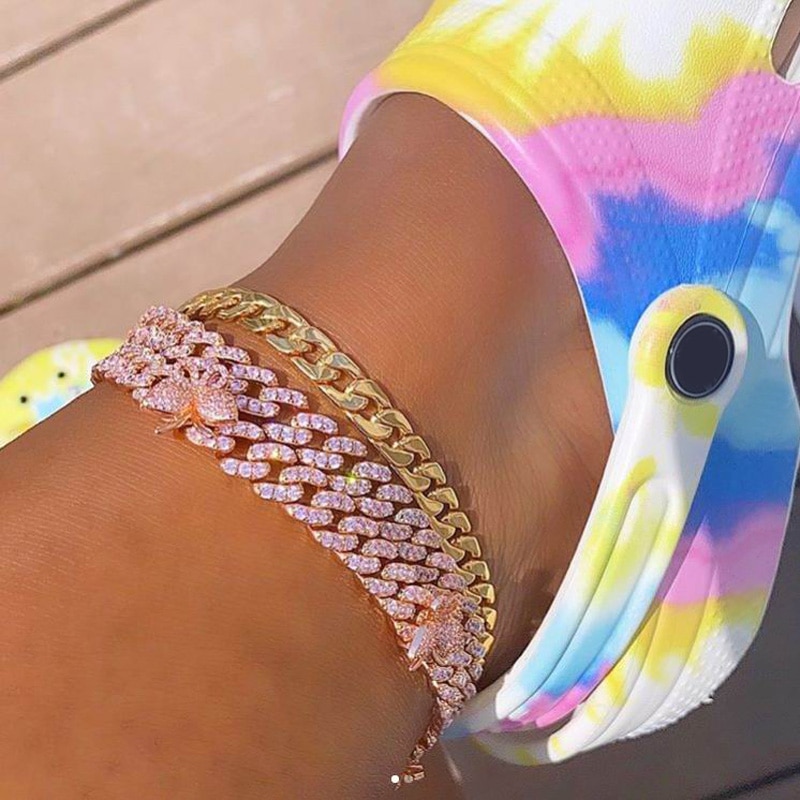 sommer neue Tennis Rosa Fußkettchen Kette Schmuck charmant kubanisch Verknüpfung Strass Mini cz gepflasterte Schmetterling Fußkettchen