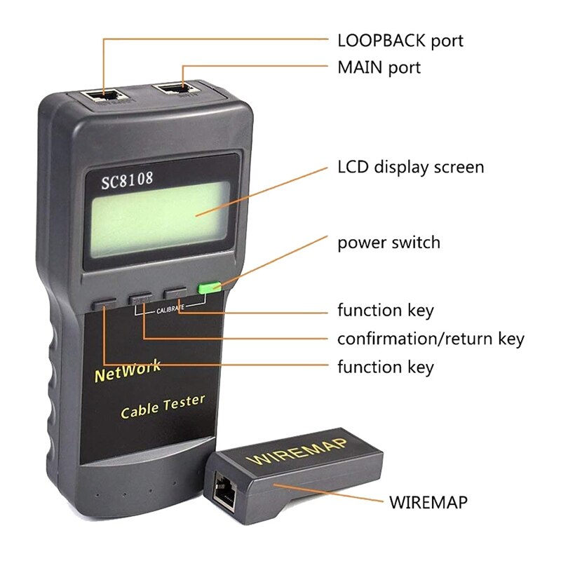 SC8108 Network Cable Tester Multifunctional Portable LCD Sn Network Cable Tester for RJ45 Cat5, Cat6, 5E, 6E