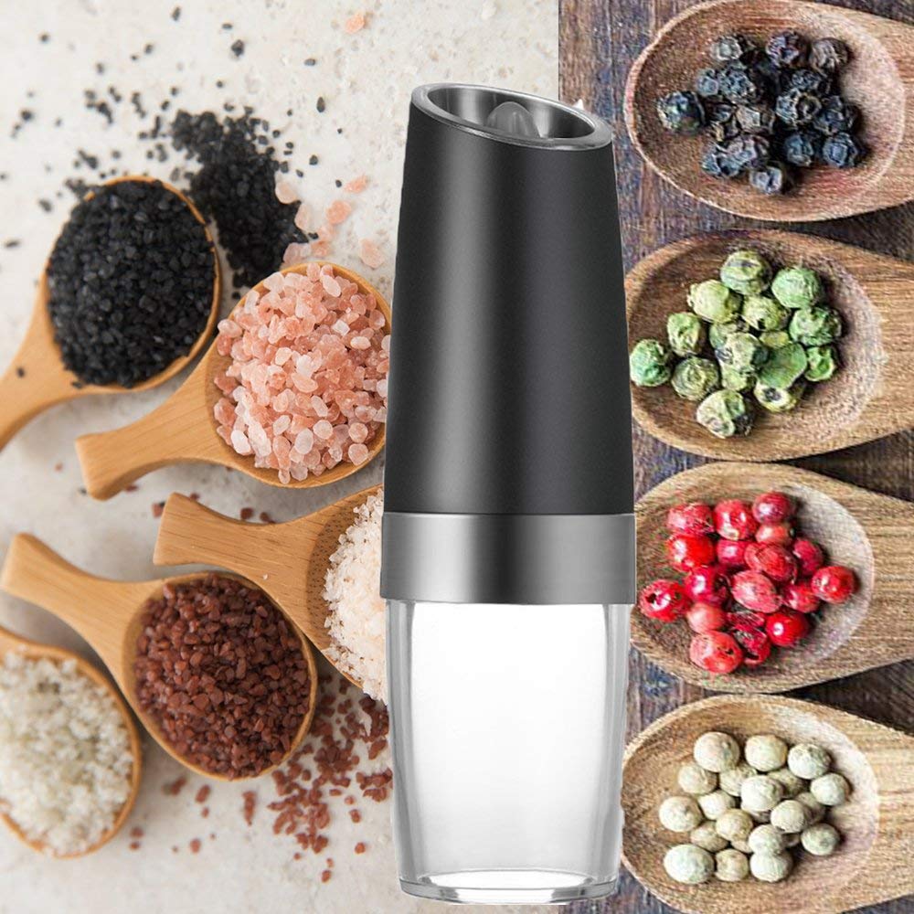 Premium Gravity Electric Salt and Pepper Grinder Set of 2 Battery Powered Salt Shakers, Automatic One Hand Pepper Mills with L