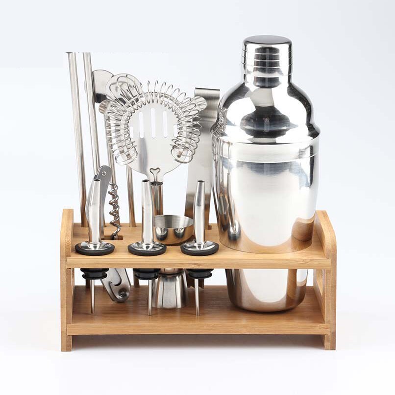 Stainless steel cocktail set wooden base cocktail set 12 pieces various size