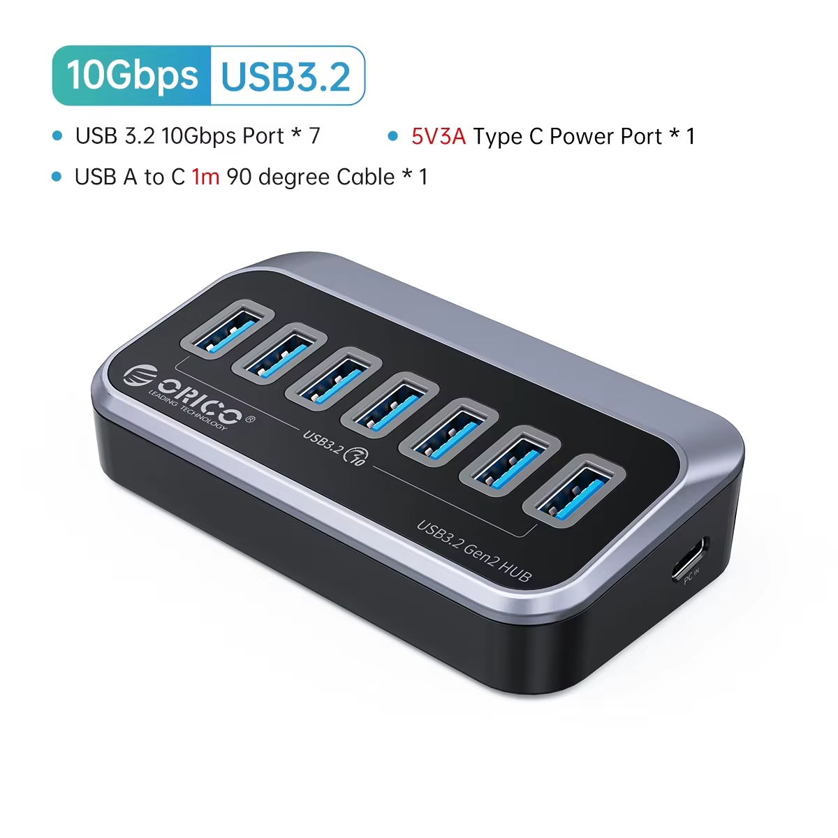 ORICO Aluminiumbetriebener USB3.0-Hub, 7/10 Häfen, USB-Verlängerung mit Schaltern, 12-V-Netzteil, unterstützt BC1.2-Ladesplitter: Orange