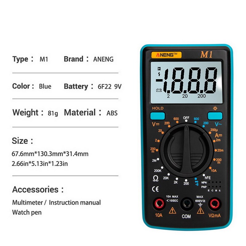 ZT100 ZT102 Ture RMS Digital Multimeter AC/DC Voltage Current Temperature Ohm Frequency Diode Resistance Capacitance Tester: M1 Blue