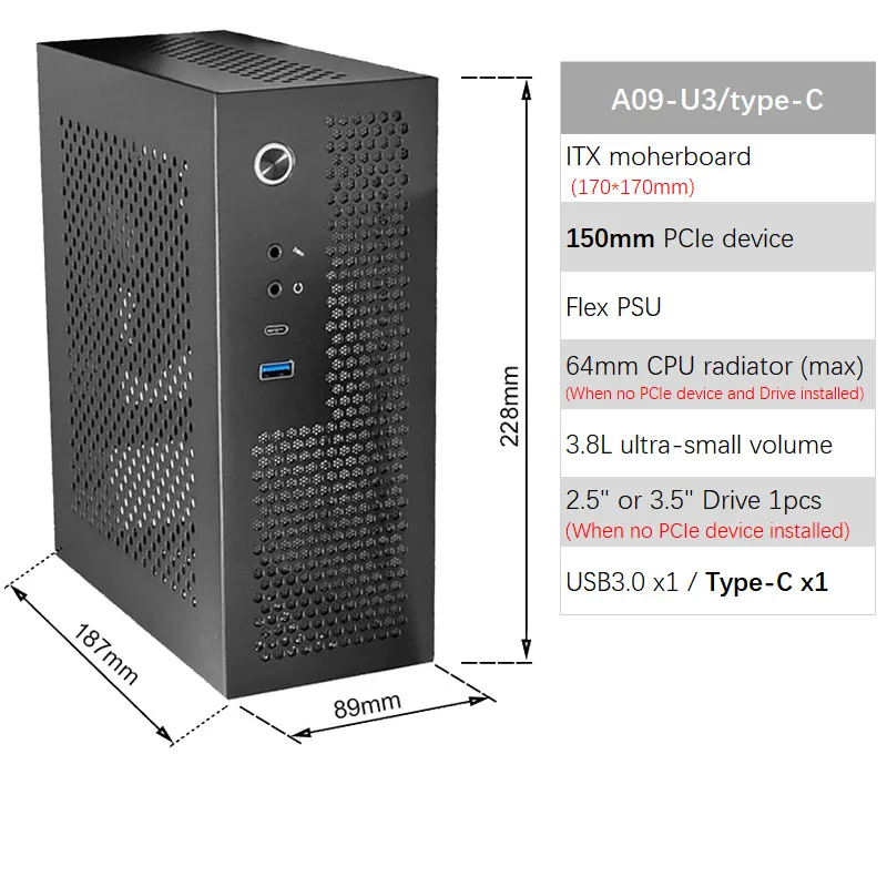 A09 3.8L ITX Chasis A4 HTPC Computadora portátil PC Soporte PCIe 2.5' SSD Drive Mini IPC Flex PSU Case: Verde