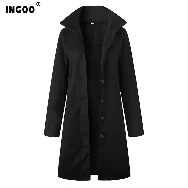 INGOO Autumn Women Long Wool Trench Coat Feminino Office Ladies Caots Winter Casual Vintage A Line Solid Overcoats Femala