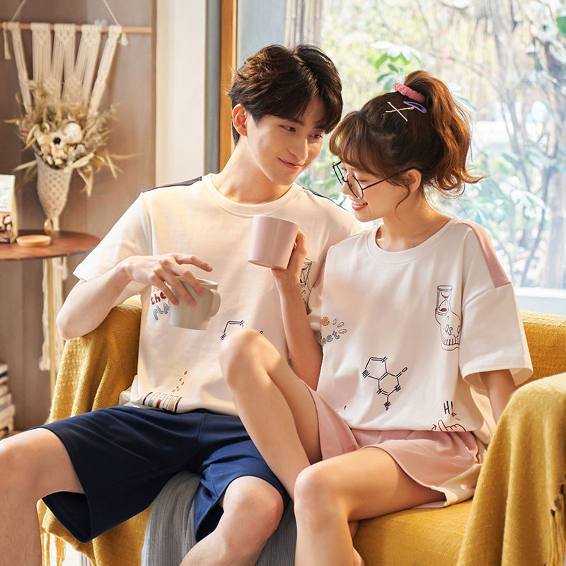 Pijamas de verano para amantes, conjunto de ropa de ocio para hombres jóvenes de manga corta de algodón fino para chicas encantadoras
