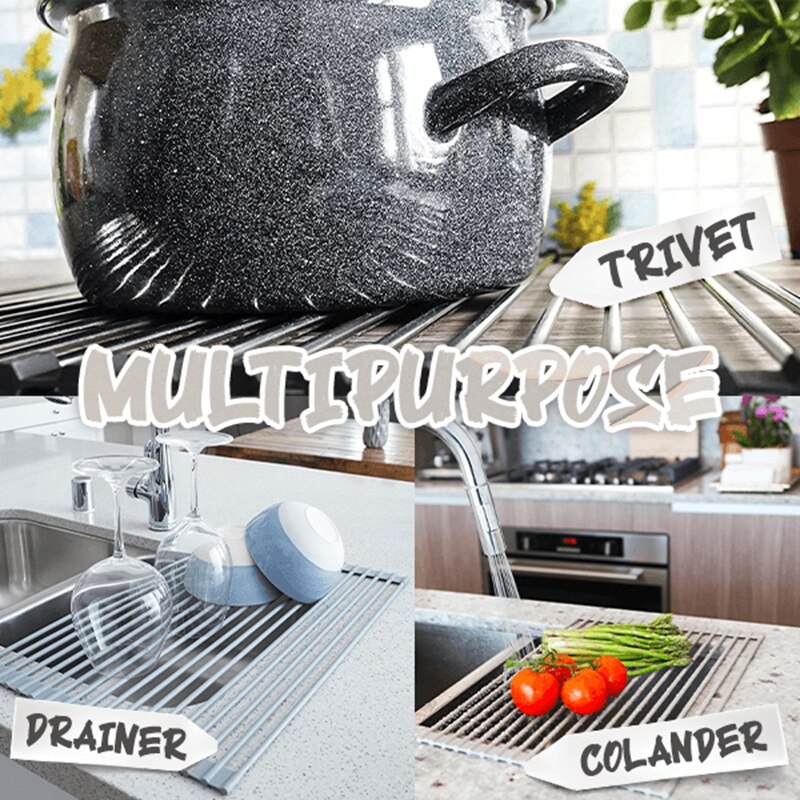 Kitchen Sink Rack Dish Drying Rack Foldable Roll-up Sink Draining Rack Stainless Steel Household Magic Rolling Sink Stand Black