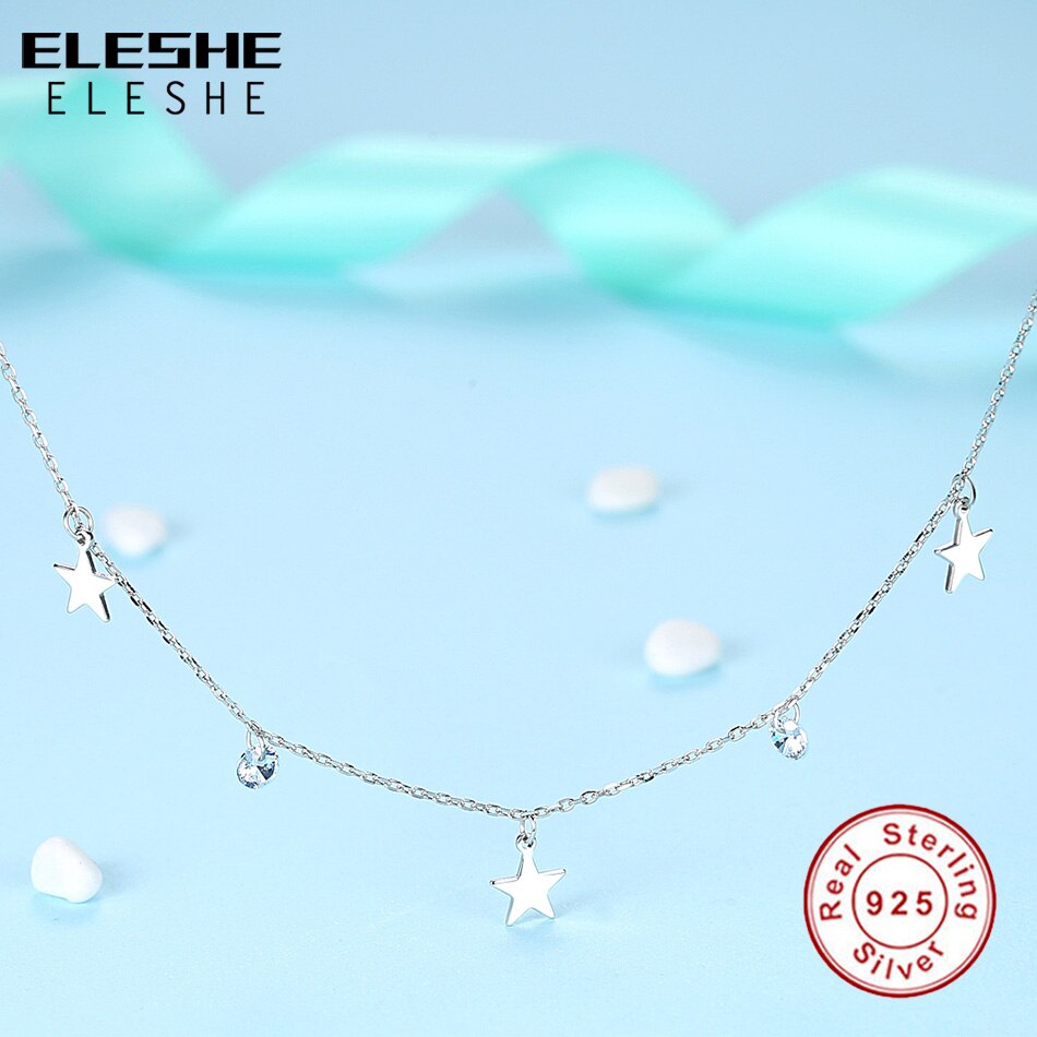 ELESHE Echt 925 Sterling Silber blendend kubisch Zirkon Runde & Stern Anhänger Halsketten für Frauen Halsband Halskette Silber Schmuck