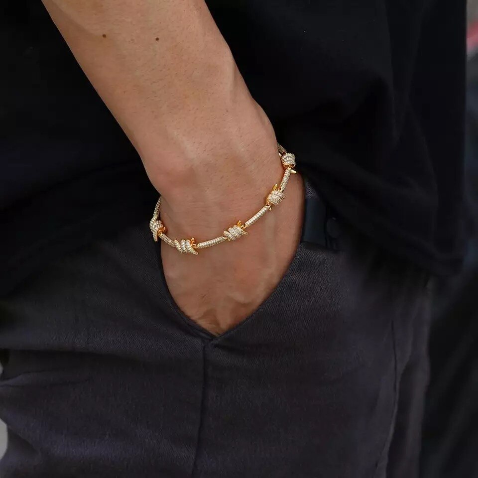 Iced Out Bling AAA CZ Cubic Zirconia Bracelet Copper Gold Punk Rivet Choker For Women Men Hip Hop Jewelry