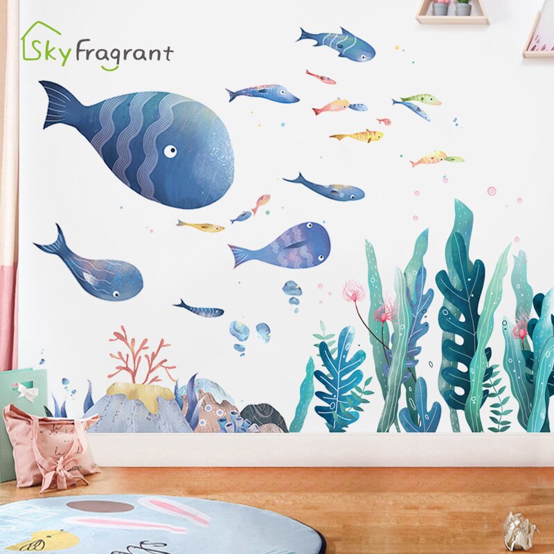 Cartoon underwater world wall sticker ocean cute fish kids room decoration stickers bathroom self-adhesive home bedroom decor