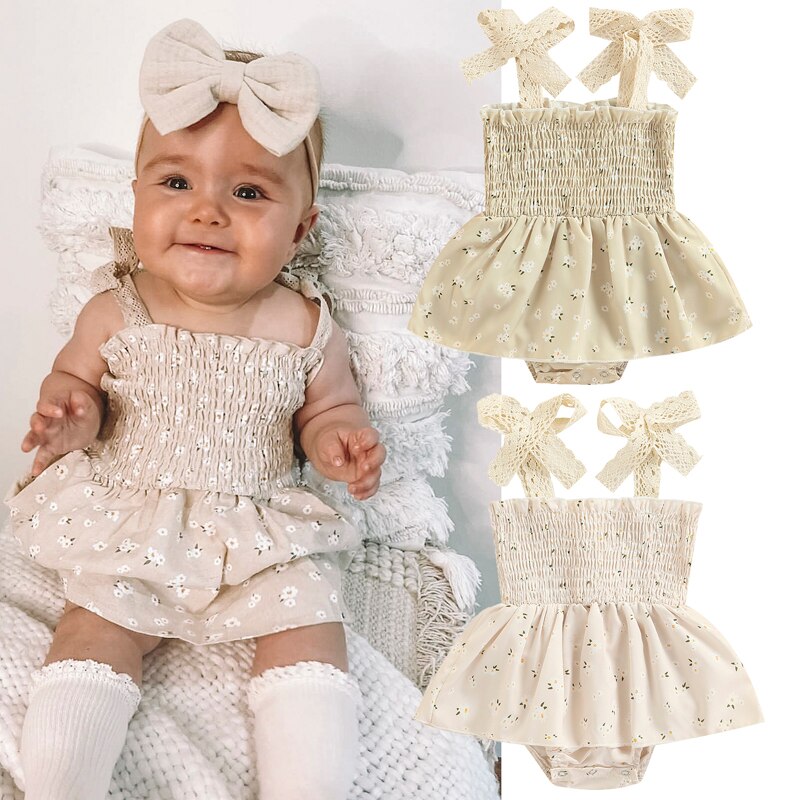 Prinsesse sommer baby piger blomstret romper ærmeløs firkantet hals a-foret højtaljet småbørn spædbørn elastisk bodysuit kjole