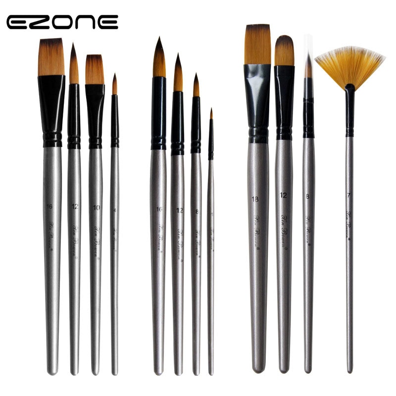 EZONE 4PCS/Set Oil Painting Brushes Different Shape Watercolor Brush Nylon Hair Brushes Fan Brush Art Students Writing Pens