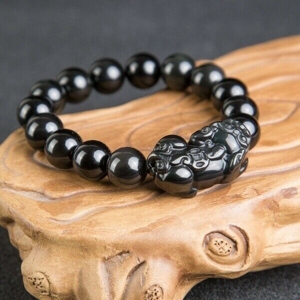 2 uds Feng Shui negro obsidiana piedra riqueza Pi Xiu pulsera de la suerte