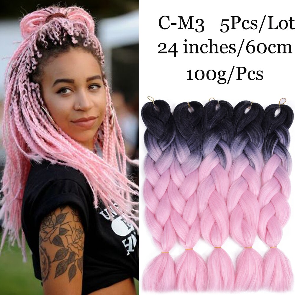 24 tum ombre fläta hår syntetiskt virkat hårförlängning jumboflätor hår rosa röd blå gul 5 st/lot 100g/ st: C -m3