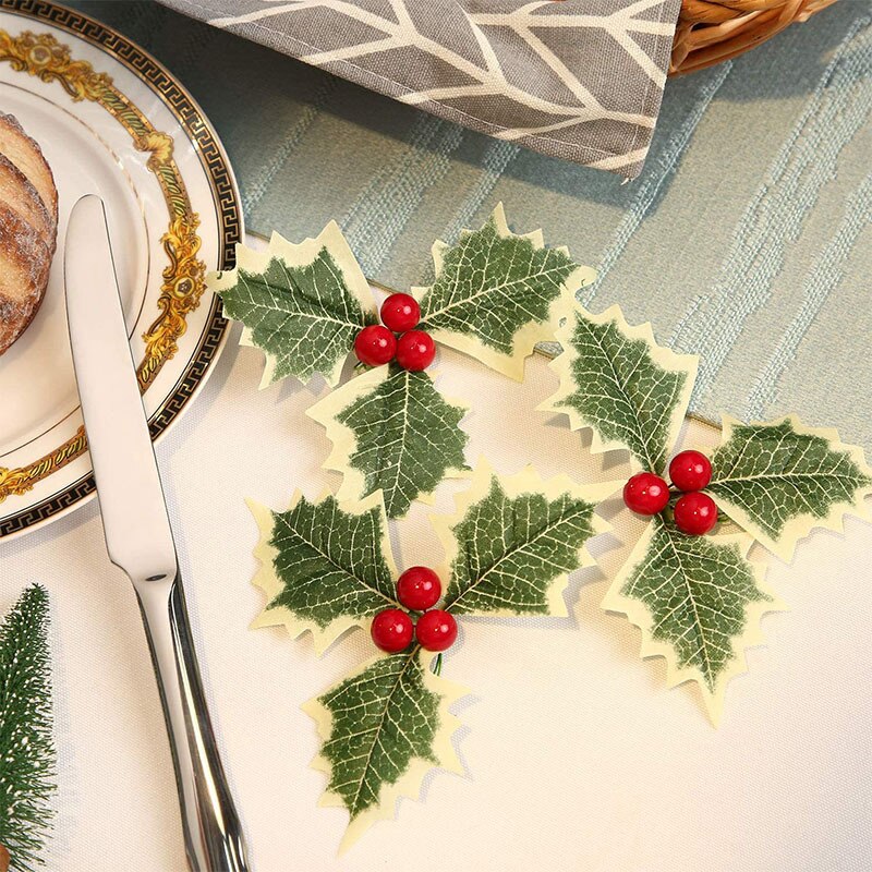 Plastic Flower Artificial Leaf Leaves and Artificial Holly Berries Red Cherry Little Fruits Christmas Wedding Home Decoration