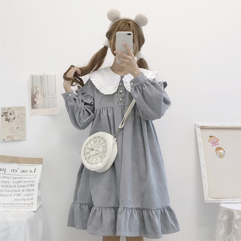 Lolita-robe quotidienne japonaise Kawaii, tenue quotidienne, col de poupée, manches longues ample, à volants, style rétro, automne hiver