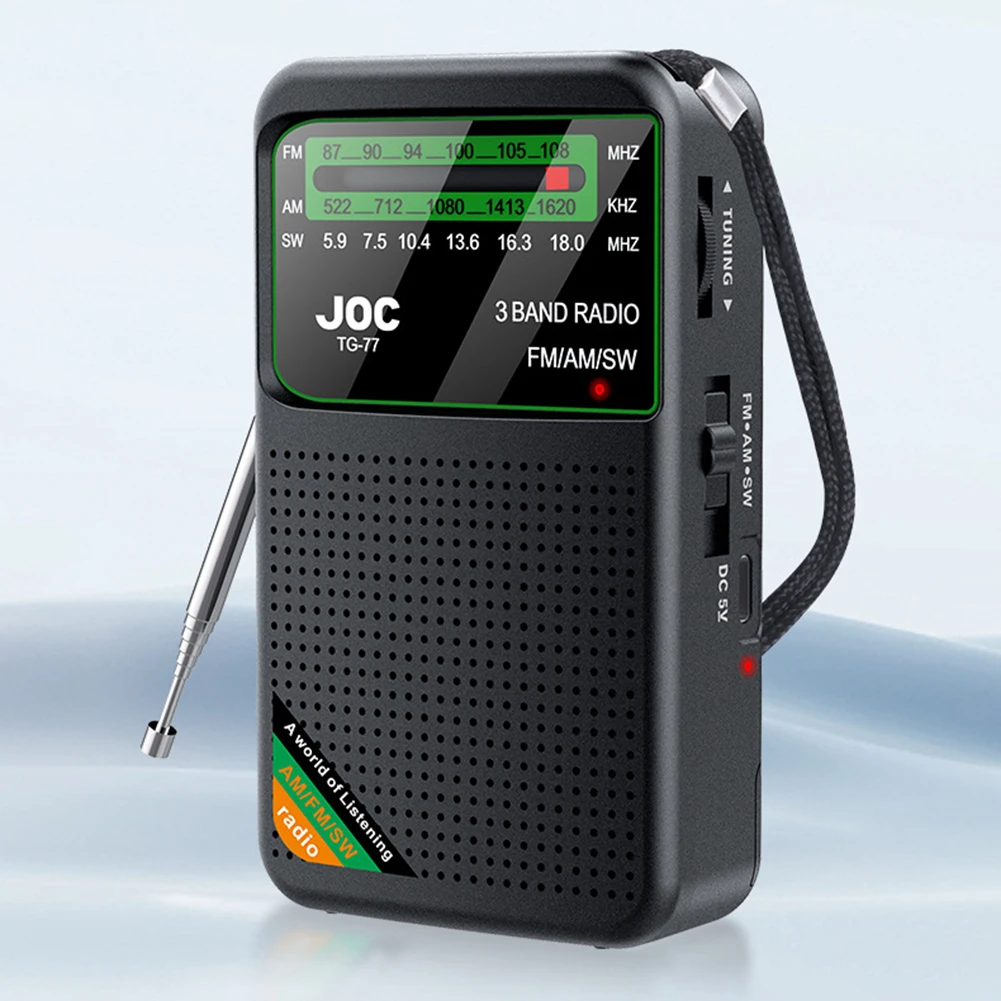 Radio portátil de banda completa, Radio recargable de mano de 3W y 1000mAh con recepción Superior, Mini Radio negra para personas mayores
