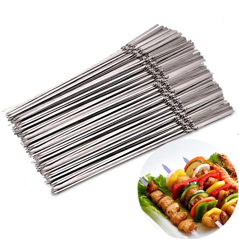 10/50pcs Reusable Flat Stainless Steel Barbecue Skewers BBQ Needle Stick For Outdoor Camping Picnic Cooking Tools