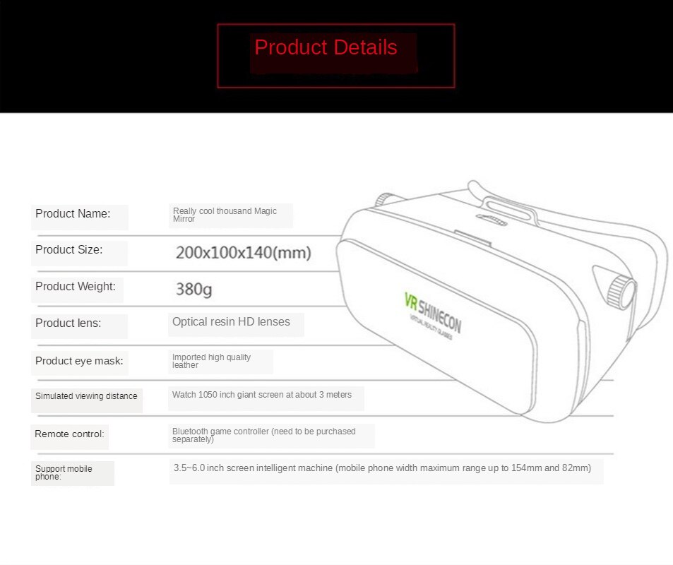 Mobile 3D VR glasses 3D virtual reality glasses Headwear Shock immersive experience 360 degree panoramic scene function