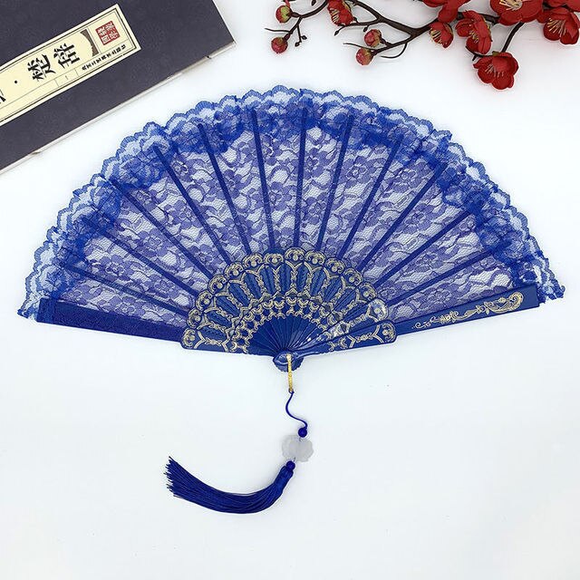 23cm Thin Lace Fan Plastic Bone Hand Fan Art Craft Lolita Japanese Sweet Girl Dance Photo Props Wedding Party Decoration: Blue pendant