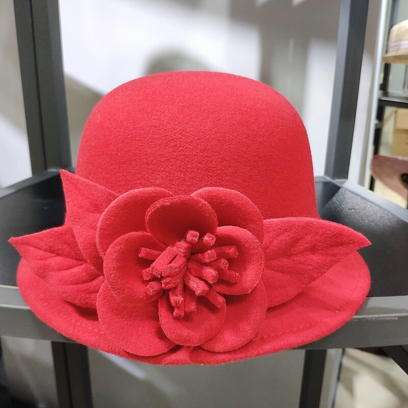 Chapeau Fedora en laine pour femmes, chapeau seau à fleurs texturées, , en forme de dôme, à la , automne hiver: Bright red