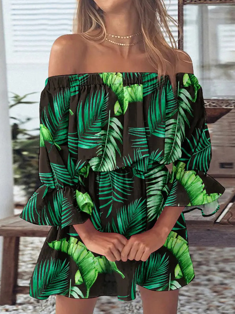 Sommer lässig Frauen Halb aufflackern Hülse Party Kleid Druck Schrägstrich Nacken Damen Mini Kleid Süße sexy Streetwear Vestidos: M / Braun