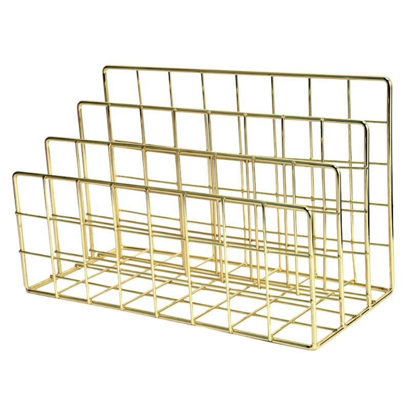 Grid 3 Compartments Bookshelf Magazine File Organizer Holder Wrought Iron Rack: Gold