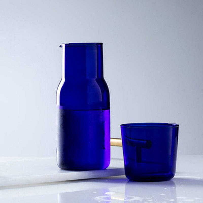 Garrafa de água de vidro com copo de vidro cabeceira carafe noite garrafa de água com copo copos frasco drinkware pote para leite chá: Azul